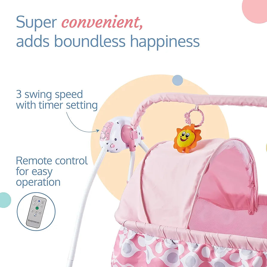 R.C Baby Swing with Sun Canopy & Mosquito Net – Soft Rattles, Music & 5 Swing Modes