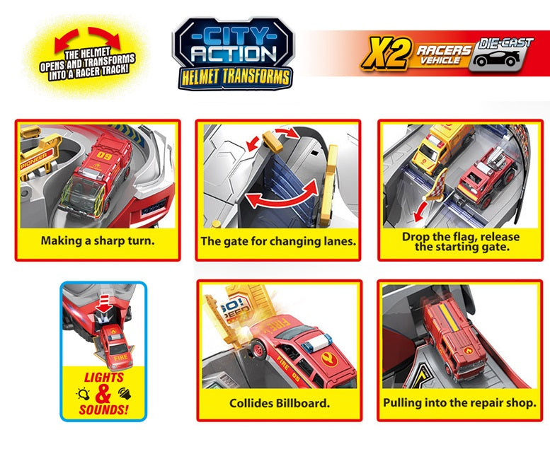 City Action Helmet Transformer – 2x Die-Cast Cars with Light & Sound | Face-Changing Rider Set