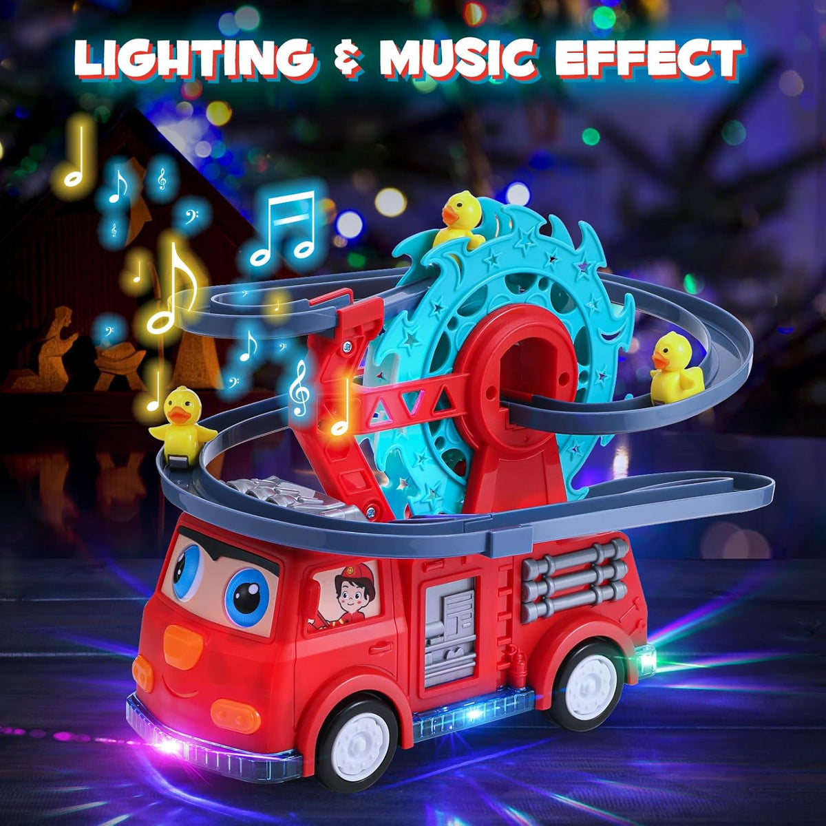 Fire Rail Car Duck Swivel Slide | Music & Lighting Toy for Kids
