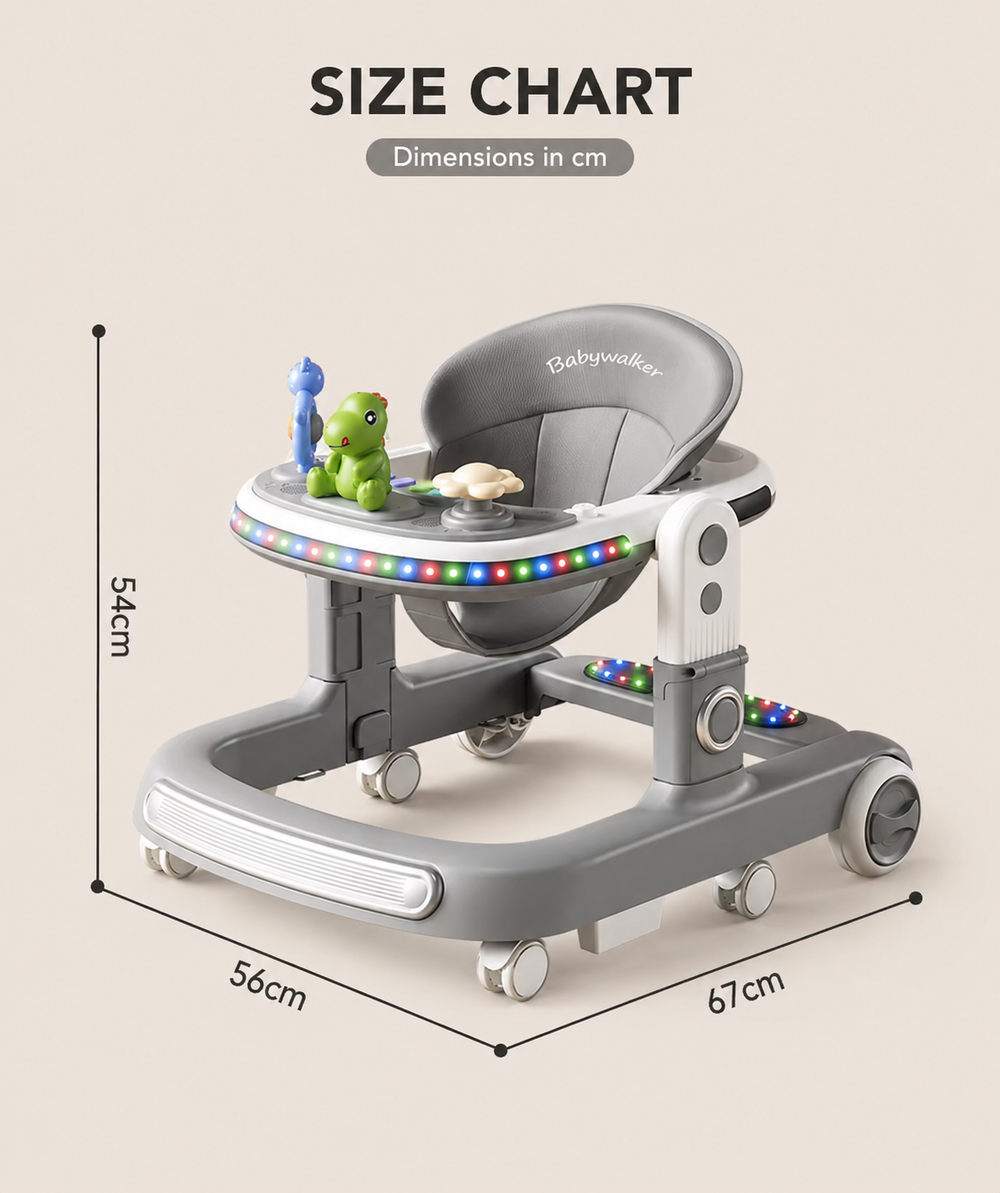 Baby Walker with Music & Lights – 360° Swivel Wheels, 3-Level Height Adjustment & Padded Seat #566 (GREY)