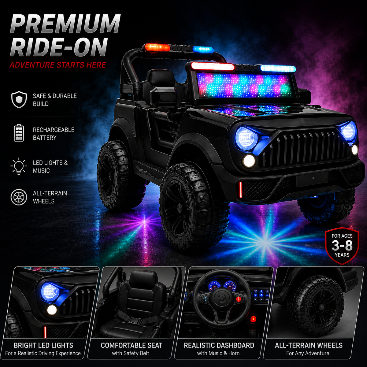 Kids 2-Seater Electric Car – Leather Seat Ride-On Jeep (M-7 BLACK)