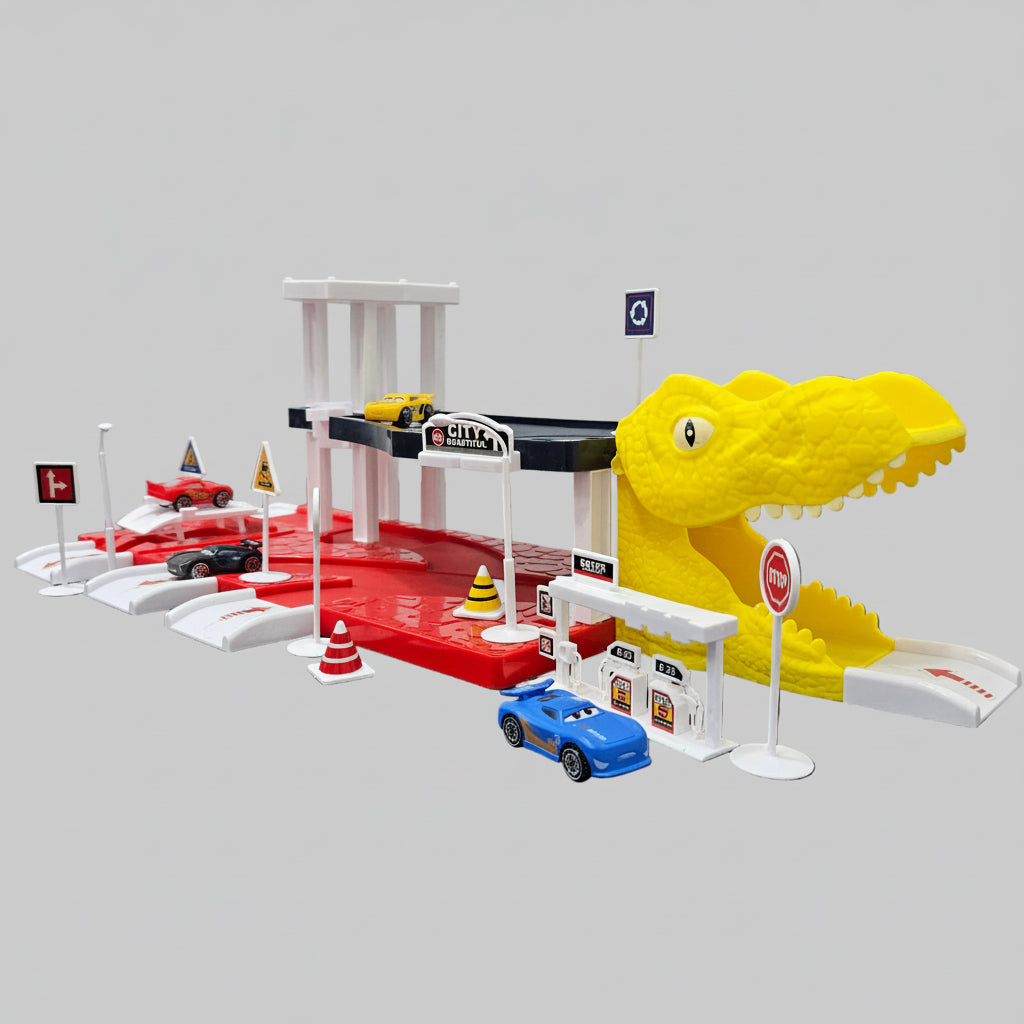 Driven to Win – Cars Parking Lot Playset with 4 Cars, Gas Station & Service Station