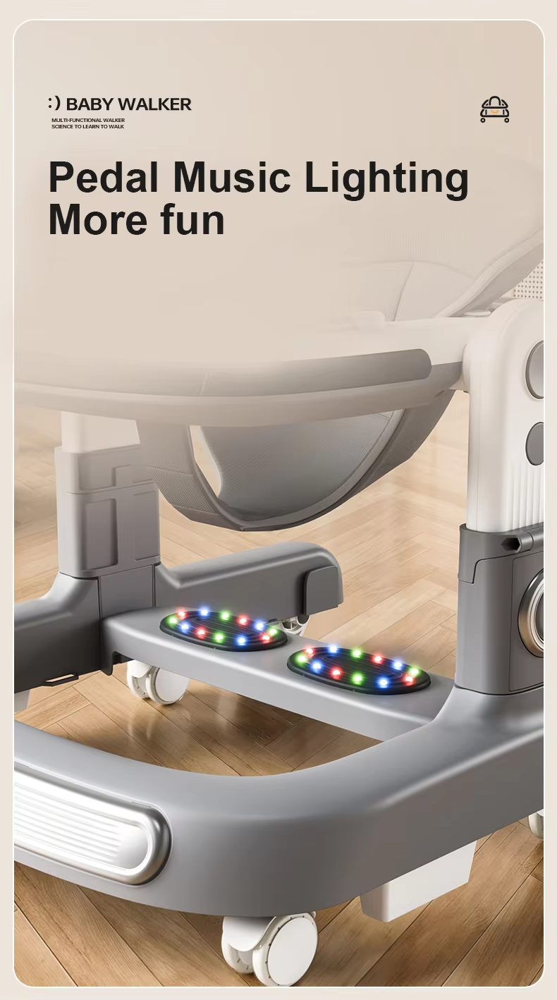 Baby Walker with Music & Lights – 360° Swivel Wheels, 3-Level Height Adjustment & Padded Seat #566 (GREY)