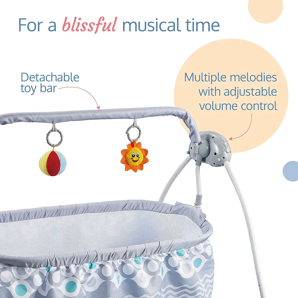 R.C Baby Swing with Sun Canopy & Mosquito Net – Soft Rattles, Music & 5 Swing Modes