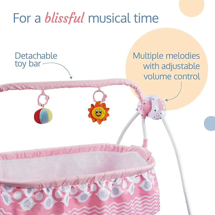 R.C Baby Swing with Sun Canopy & Mosquito Net – Soft Rattles, Music & 5 Swing Modes