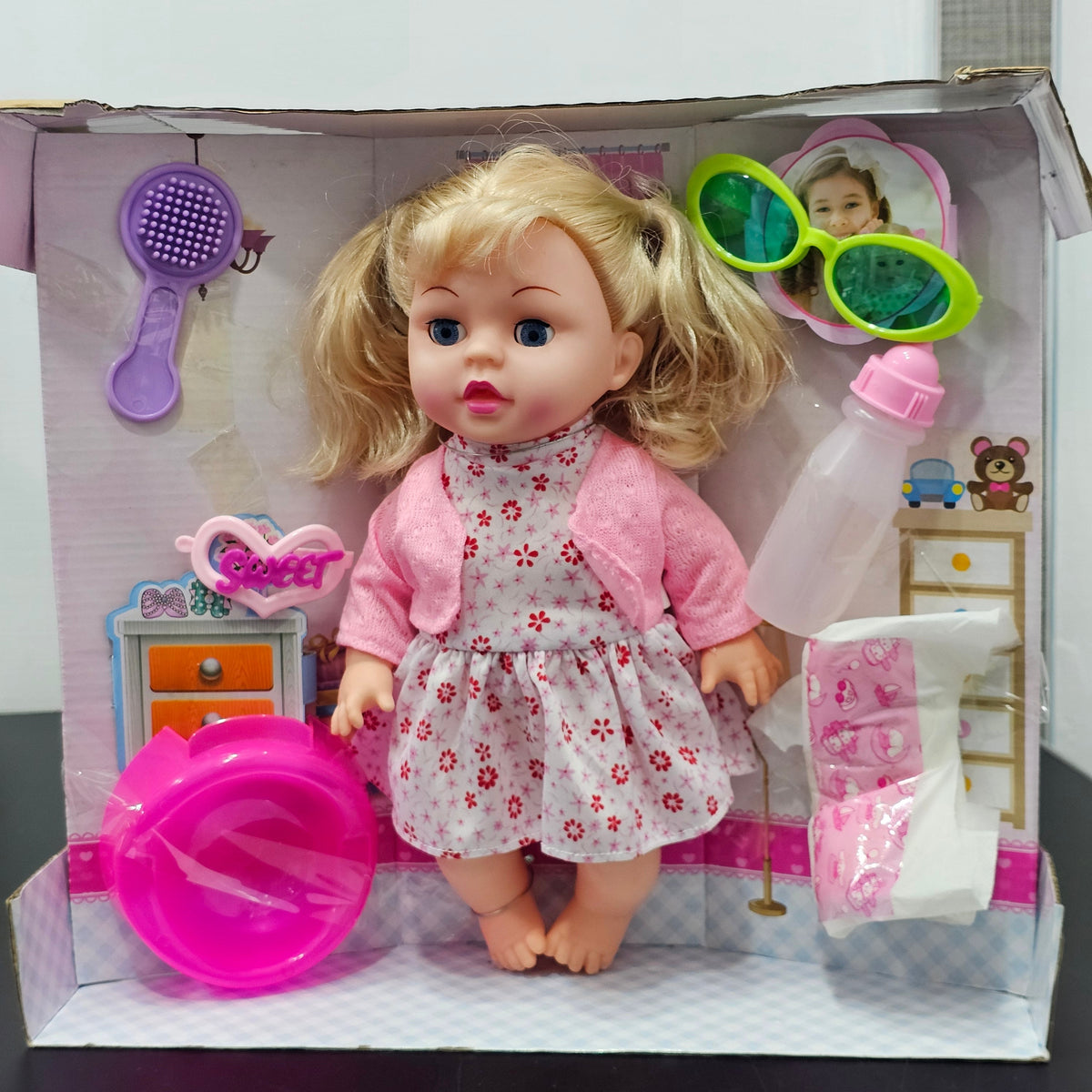 Baby Fashion Girl Doll with Sound, Hair Comb, Milk Bottle & Potty Training – Interactive Doll for Kids