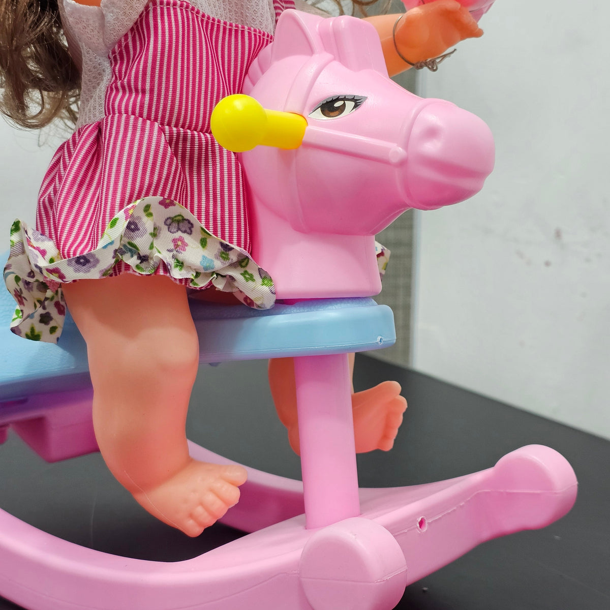 Cute Fun Doll with Rocking Horse – 12 Sounds, Drinking Bottle, Flexible Hands & Interactive Play