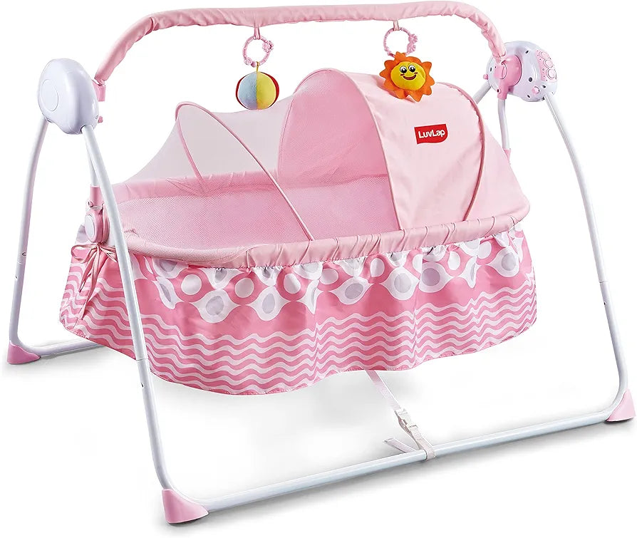 R.C Baby Swing with Sun Canopy & Mosquito Net – Soft Rattles, Music & 5 Swing Modes