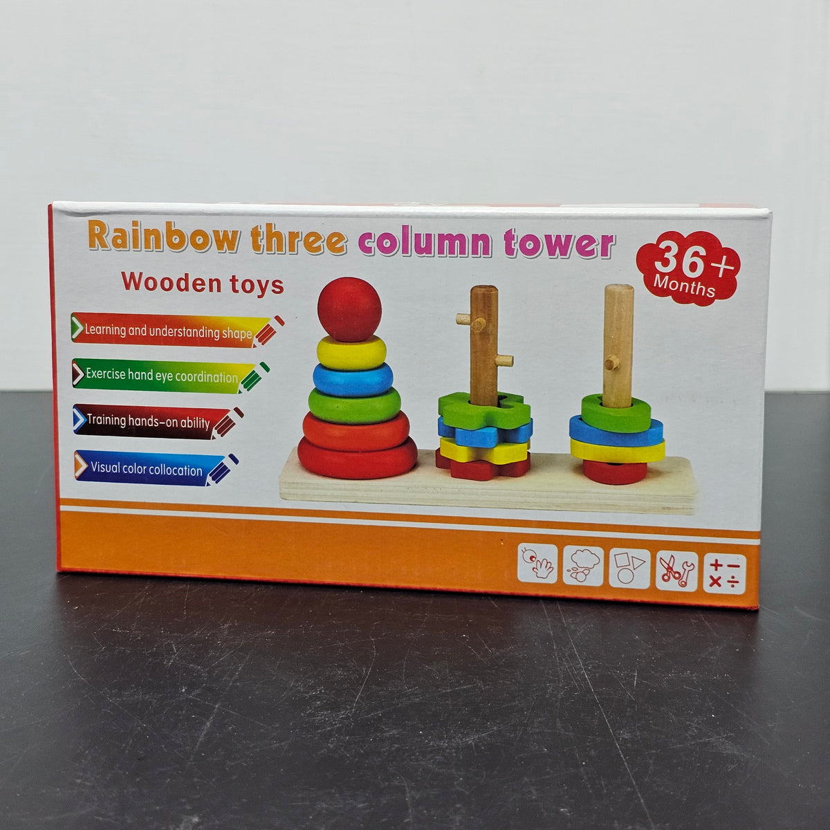 Rainbow Three Column Tower – Montessori Wooden Stacking Toy