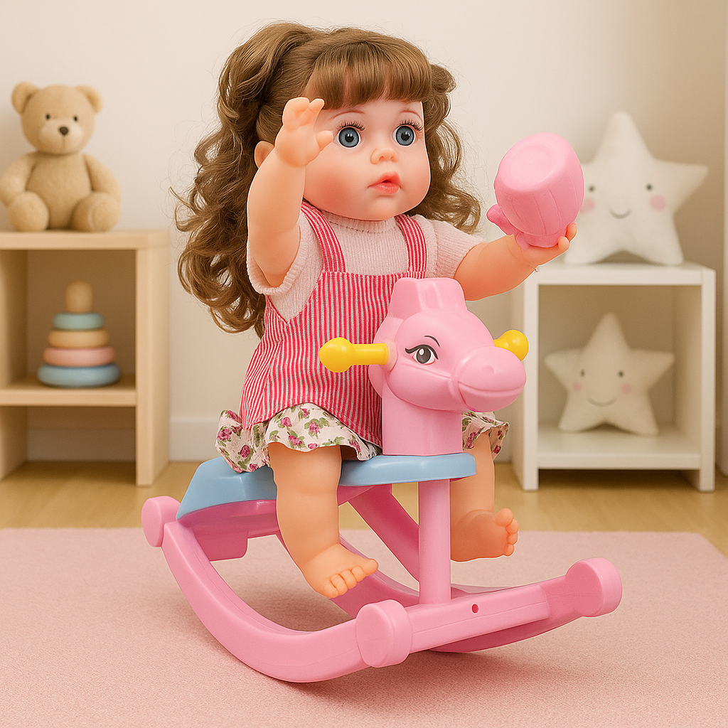 Cute Fun Doll with Rocking Horse – 12 Sounds, Drinking Bottle, Flexible Hands & Interactive Play