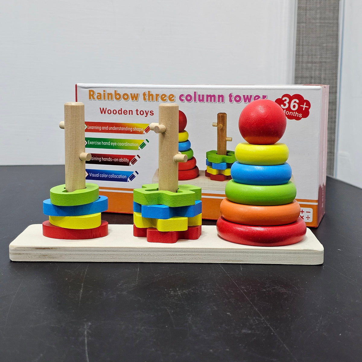 Rainbow Three Column Tower – Montessori Wooden Stacking Toy