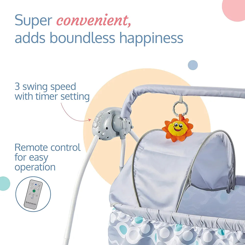 R.C Baby Swing with Sun Canopy & Mosquito Net – Soft Rattles, Music & 5 Swing Modes