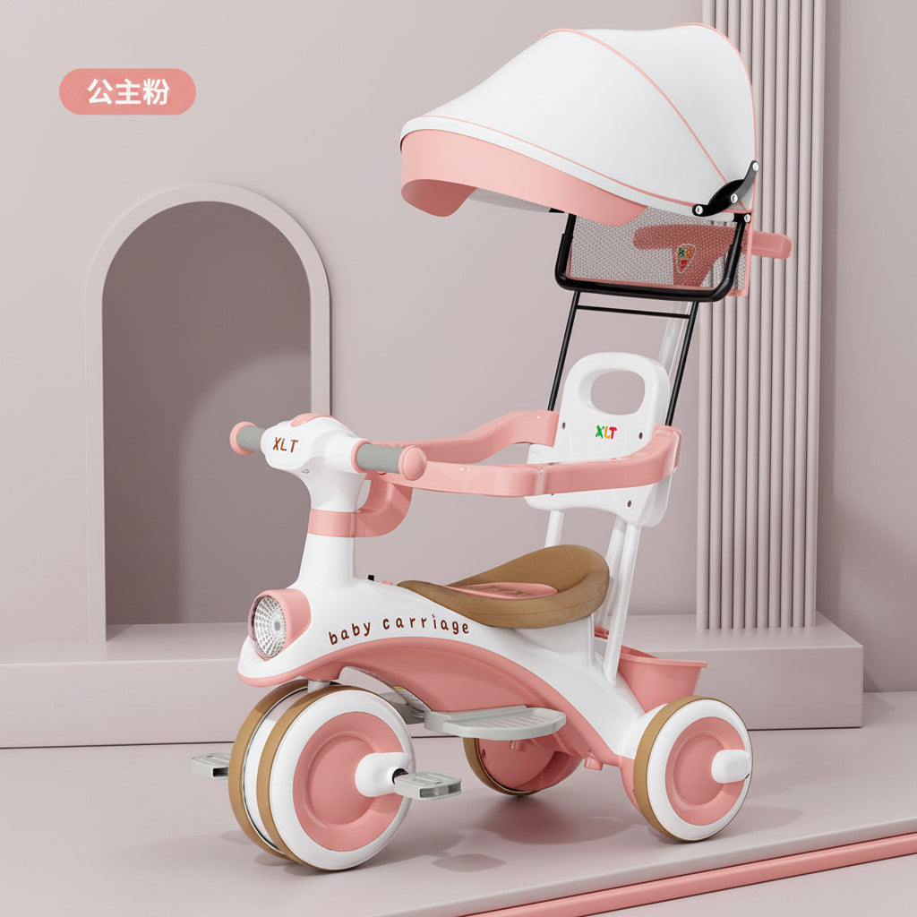 Kids Tricycle with Canopy – Stroller Style Ride On with Music & Lights