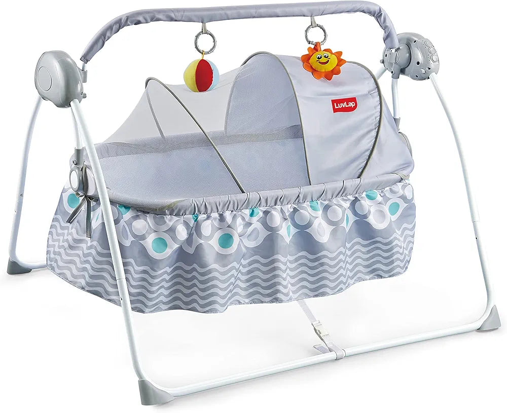 R.C Baby Swing with Sun Canopy & Mosquito Net – Soft Rattles, Music & 5 Swing Modes
