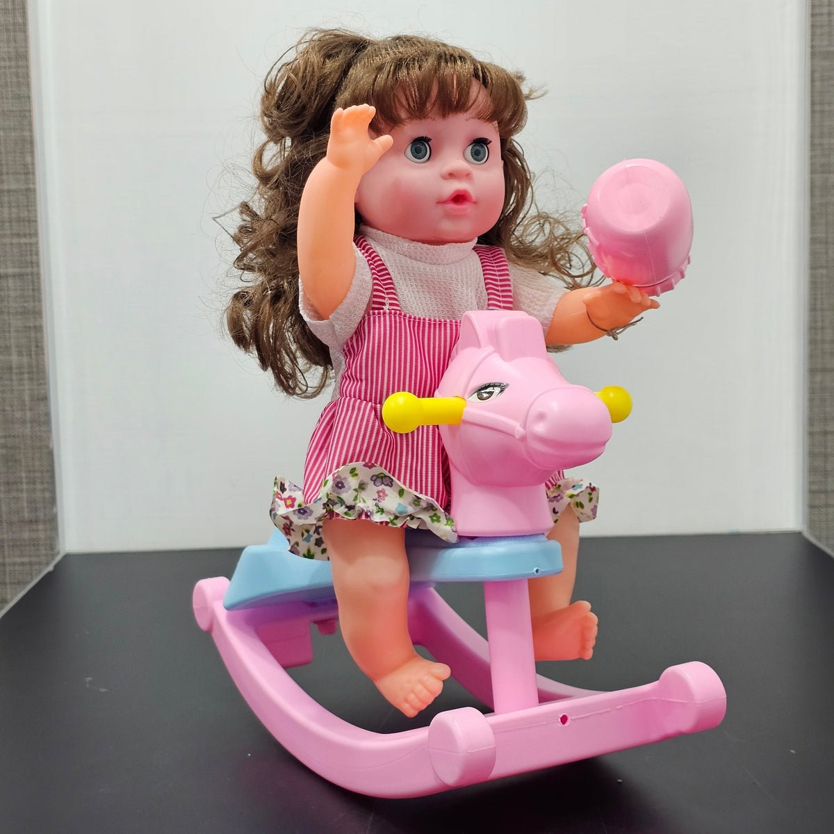 Cute Fun Doll with Rocking Horse – 12 Sounds, Drinking Bottle, Flexible Hands & Interactive Play